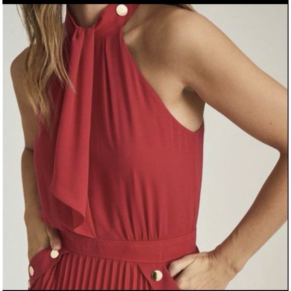 Reiss Red Pleated Halter Midi Dress Berry Pink Gold Button Detail Size 4 - Picture 4 of 14